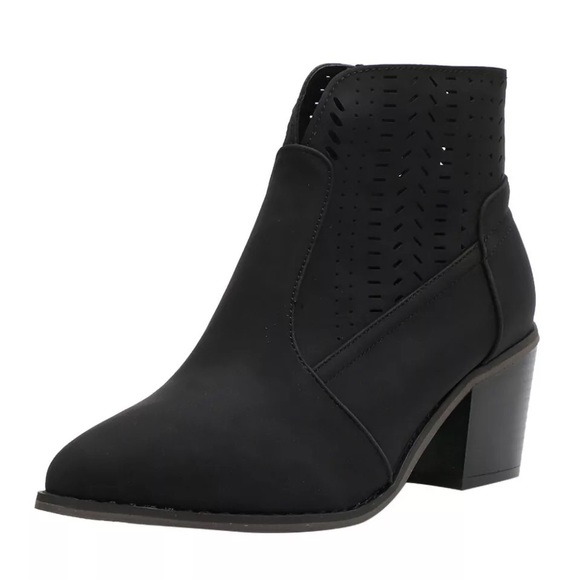 Black Laser Cutout Vegan Leather Heel Ankle Boots - Picture 5 of 8